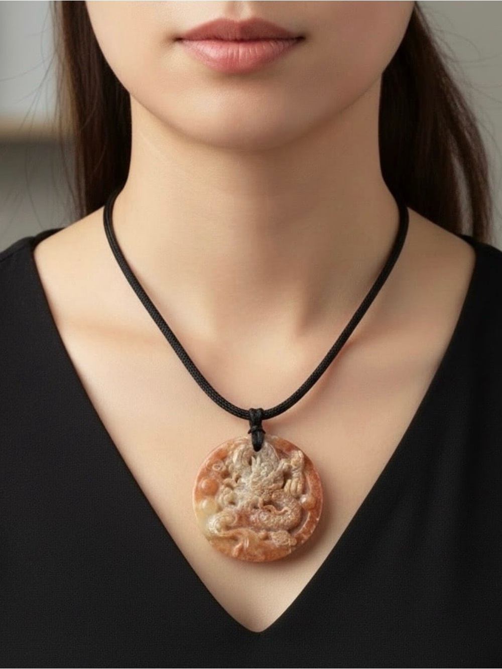 Hand-Carved Amber Tone 2” Jade Dragon Pendant Necklace Certified